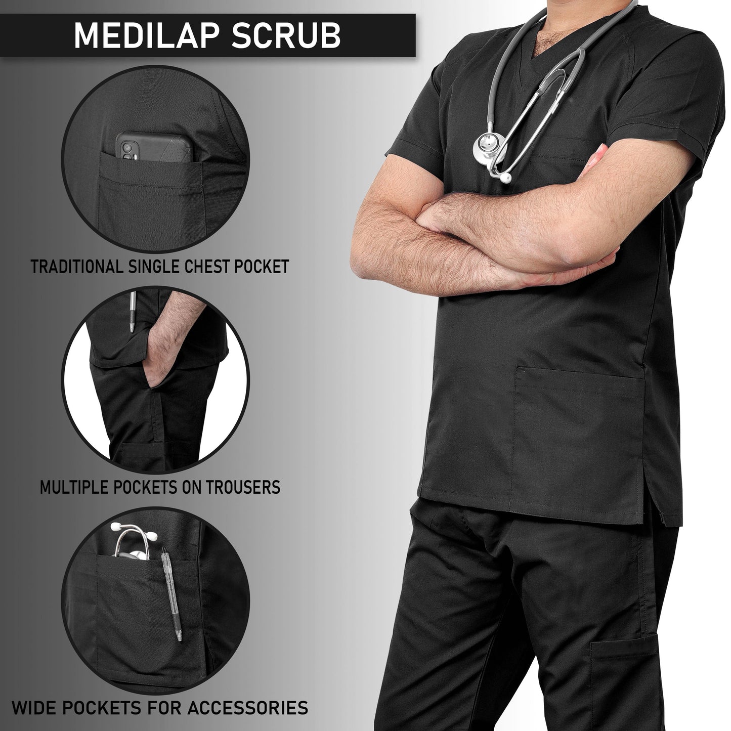 Custom Men's Black Medical Scrub Uniform TUNIC TROUSER