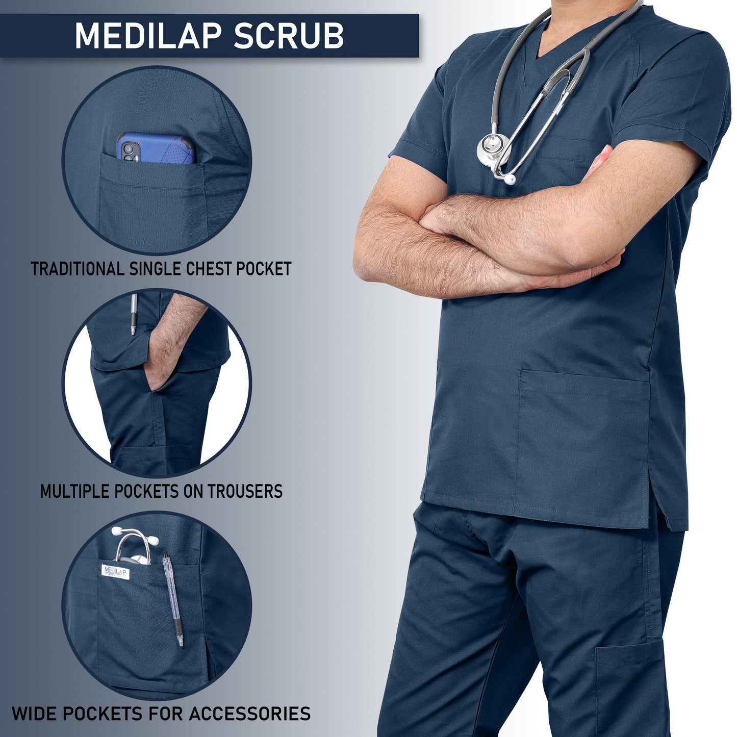 Custom Men's Navy Blue Medical Scrub Uniform TUNIC TROUSER