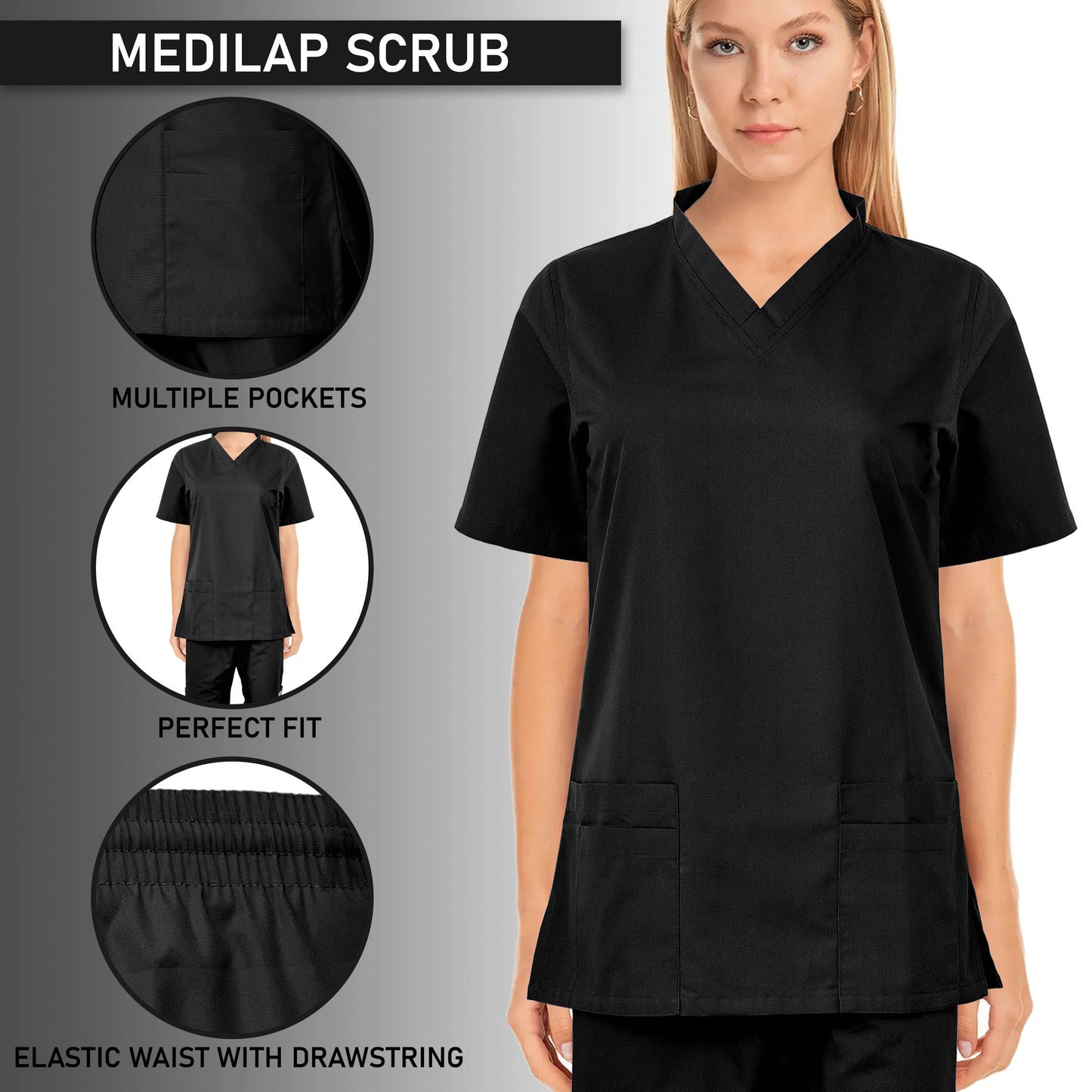 Custom Ladies Black Medical Scrub Uniform TUNIC TROUSER