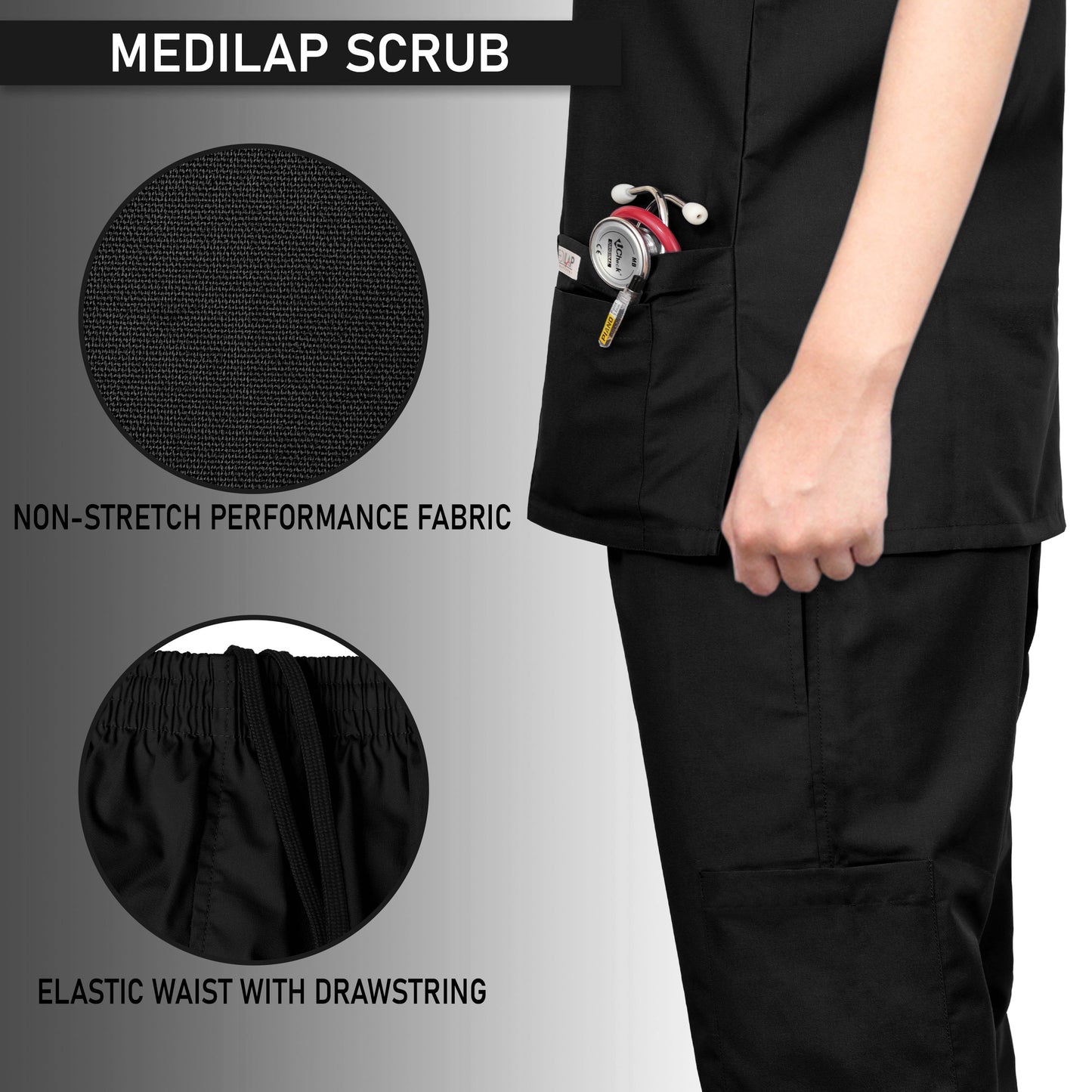 Custom Ladies Black Medical Scrub Uniform TUNIC TROUSER