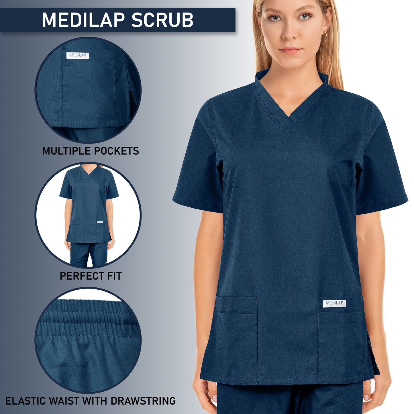 Custom Ladies Navy Blue Medical Scrub Uniform TUNIC TROUSER