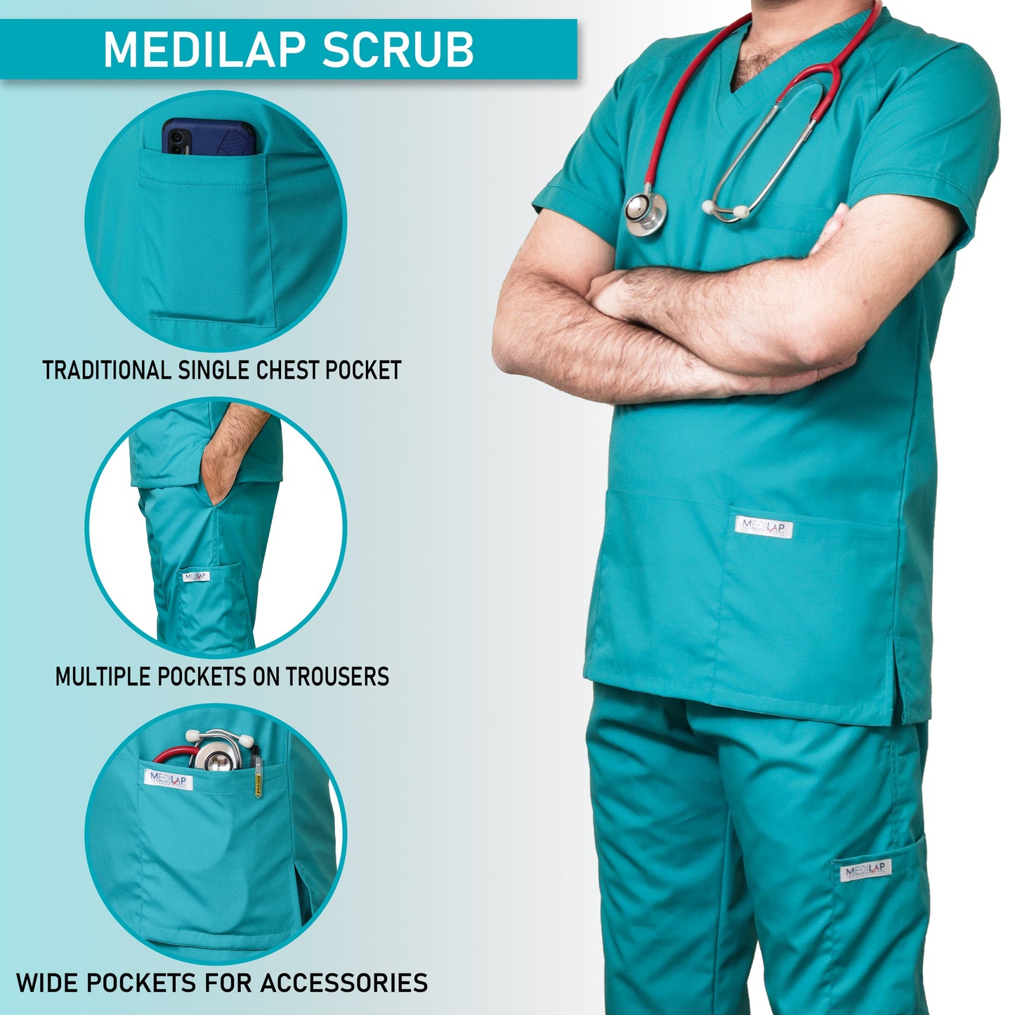 Custom Men's Ocean Green Medical Scrub Uniform TUNIC TROUSER