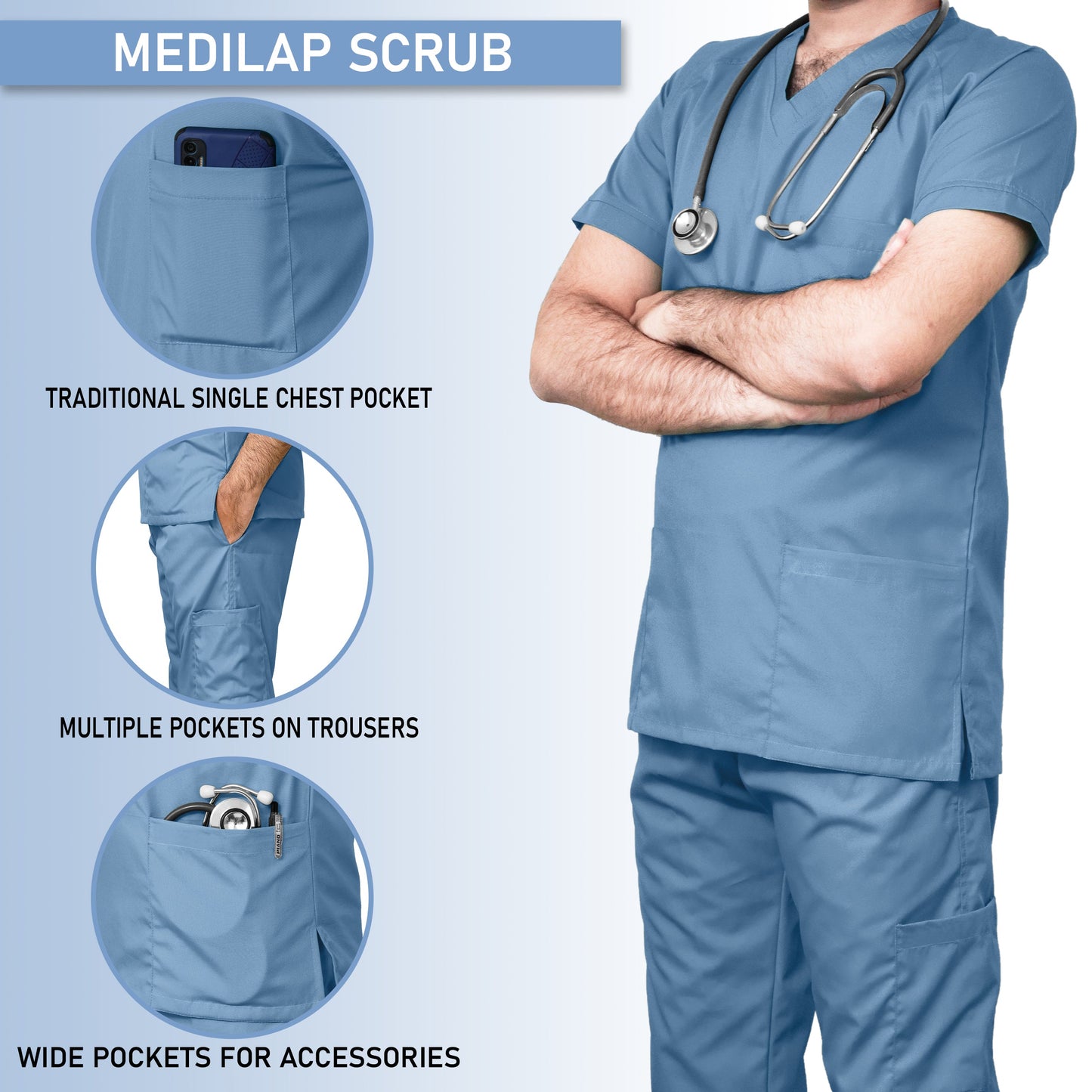 Custom Men's Sky Blue Medical Scrub Uniform TUNIC TROUSER